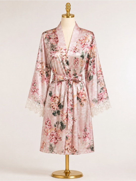 Other - Floral Satin Lace-Trim Robe & Teddy Set - 2 pcs